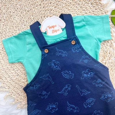 Conj. Camiseta e Jardineira em Moletinho Dinos - Marinho e Verde